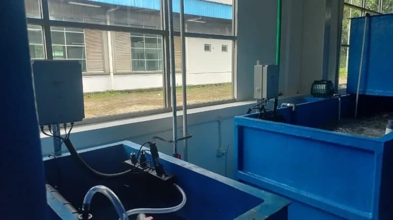 Live aquaculture tank with aeration, instrumented by BluesandAI