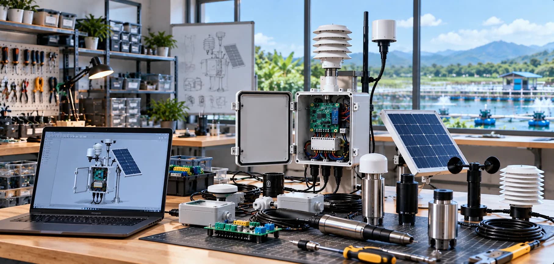 Meja kerja perakitan sistem IoT dengan panel datalogger, sensor cuaca dan panel surya